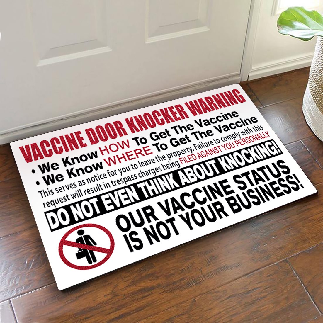 Vaccine door knocker warning doormat